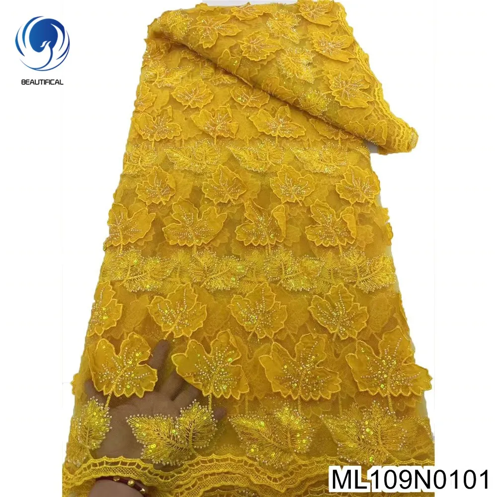 

Three-dimensional Embroidery Maple Leaf Design, French Gold Tulle Lace , Sequins and Beads Sewing for Dinner Gowns, ML109N01