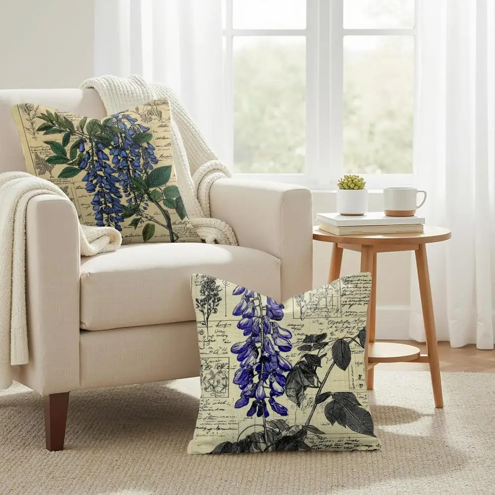 Wisteria Fashion Cushion Cover Summer Coolness Linen Organic Fabric Sofa Pillow Case Double-Sided Printing Home Decor