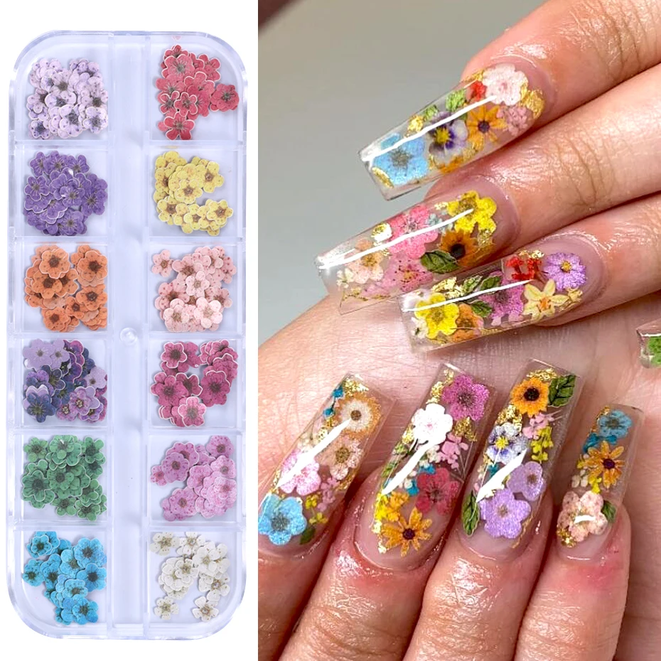 12 Grids 3D Colorful Flower Ultra-thin Resin Filling Wood Pulp Slice Small Daisy Nail Decals DIY Manicure Decoration Accessories