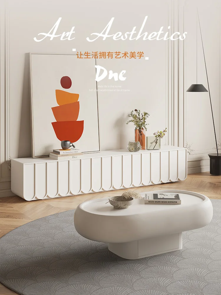 

French TV Cabinet Cream Wind Solid Wood Coffee Table Combination Floor Cabinet Modern Simple Light Luxury
