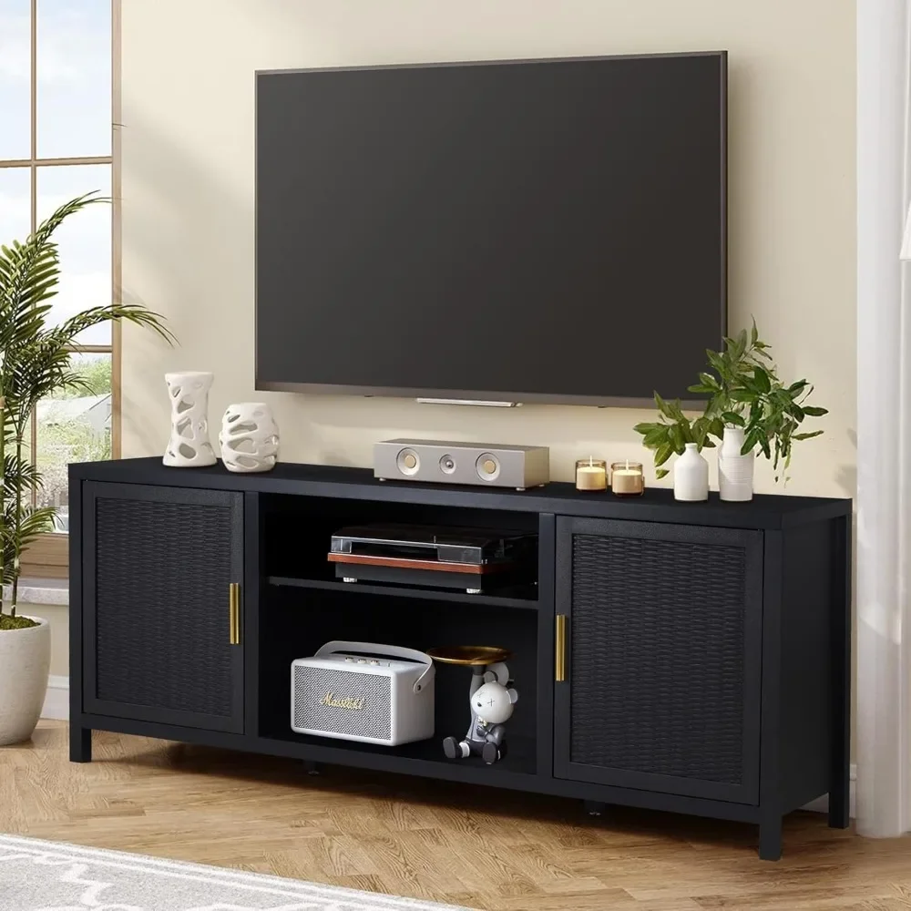

TV Entertainment Stand with Shelves for Living Room, Mid Century Modern TV Stand with Storage Cabinet,Rattan TV Stand with Doors