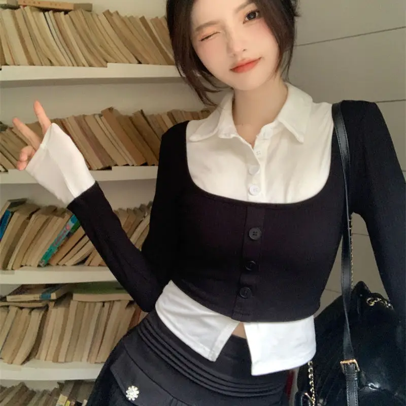 Spring Autumn Slim Sexy Style Sweet Fake Two Pieces Women Shirts Polo-Neck Button Spliced Fashion Slim Long Sleeve Blouse Shirt