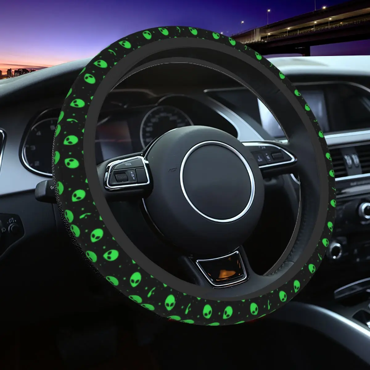 38cm Green Alien UFO Stars Pattern Steering Wheel Cover Auto Car Steering Wheel Protector for Sedan Car Accessories