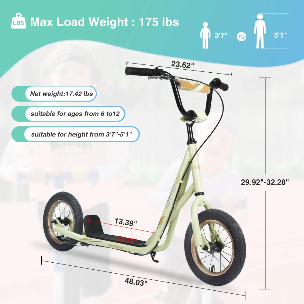 Youth Scooter Kick Scooter with Adjustable Handlebar, 12 Inch Inflatable Wheels ,Widened non-slip Footboard