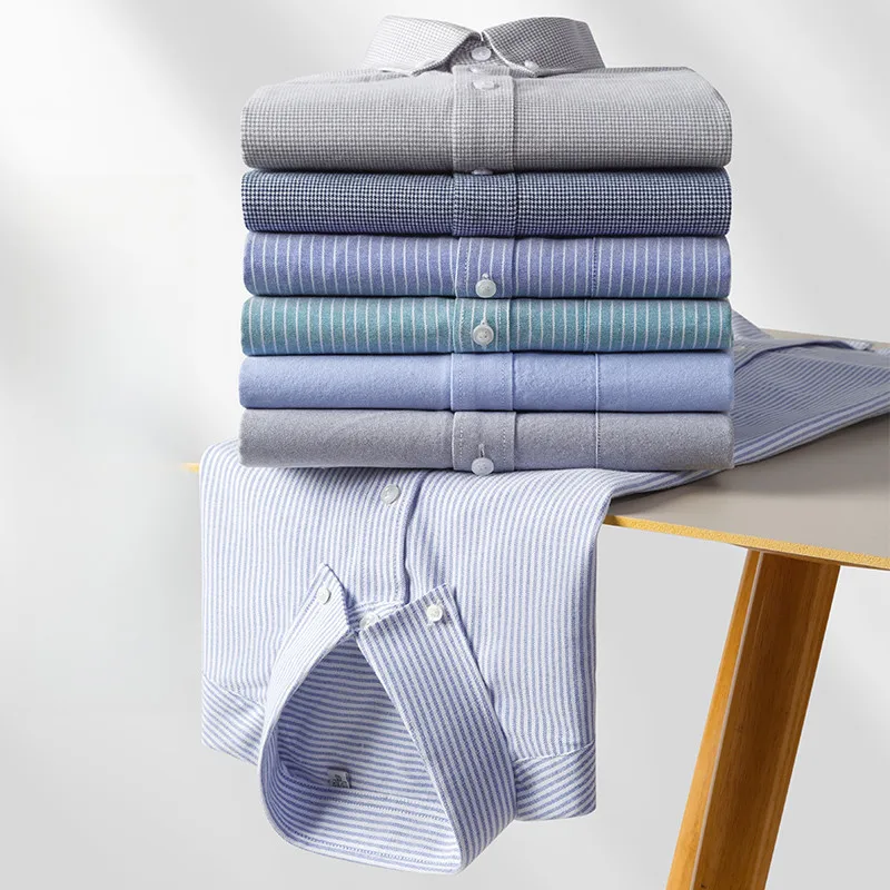 Neu Design Shirts Für Männer Frühling Herbst Lange Ärmel Einfarbig Oxford 100% Baumwolle Smart Casual Business Streifen Plaid Weiß 5XL