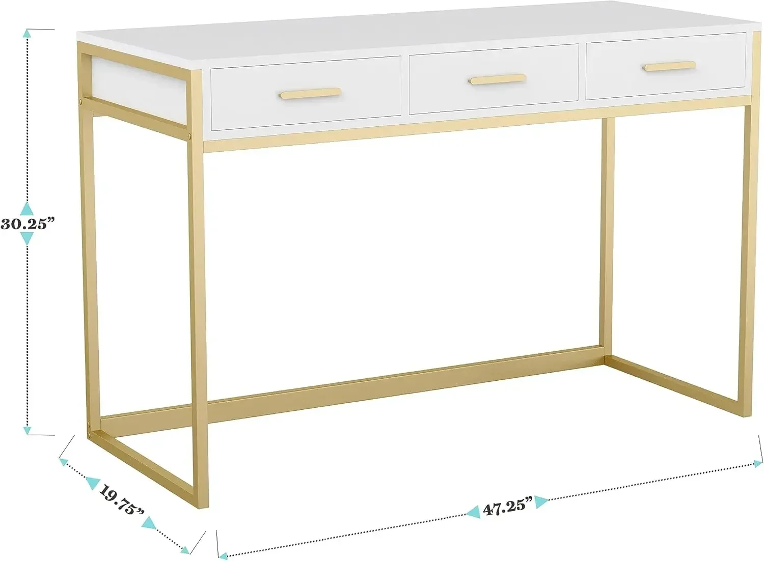 Ollie Home Office Desk with 3 Drawers in White with Polished Brass Hardware