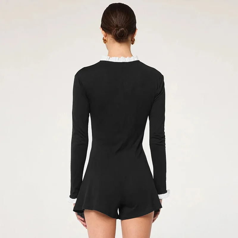 ชุดจั๊มสูทแขนยาวสไตล์เซ็กซี่สำหรับผู้หญิง แฟชั่นคอระบาย กระดุมแถวเดียว ทรงเข้ารูปสำหรับฤดูใบไม้ร่วง