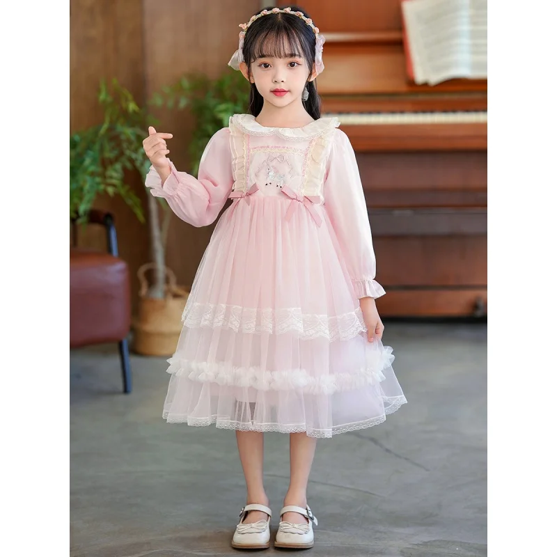 Vestido de princesa bordado dulce para niñas, estilo occidental, tutú de tul Lolita, Otoño, 2024