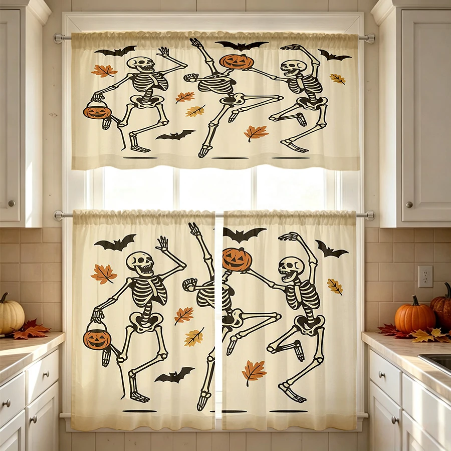 Halloween Fall Kitchen Curtains, Dancing Skull Pumpkin, Digital Print, Kitchen Dining Room, Rod Pocket Polyester, Home Decor