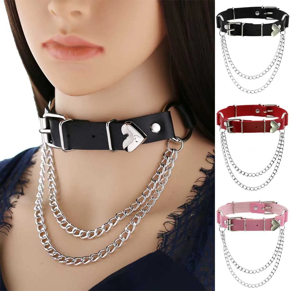 Heart Choker Necklace Punk Chain Leather Choker Collar Necklaces Black Buckle chocker girls Goth Jewelry Gothic Accessories