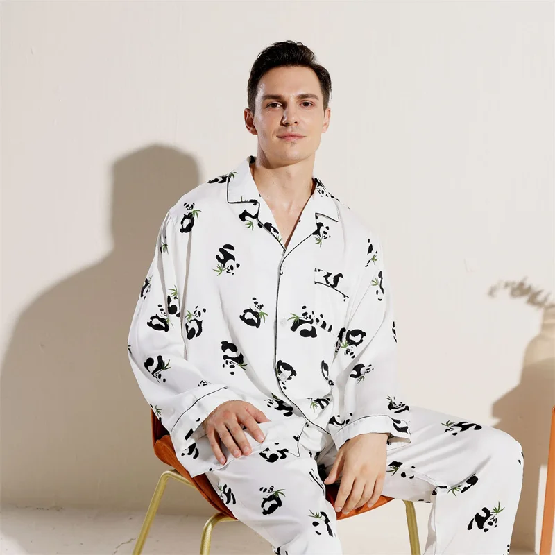 

Plus Size Men Pajams Set Spring Autumn Couple Sleepwear Trouser Suits Print Panda Silk Satin Nightwear Home Clothes Loungewear