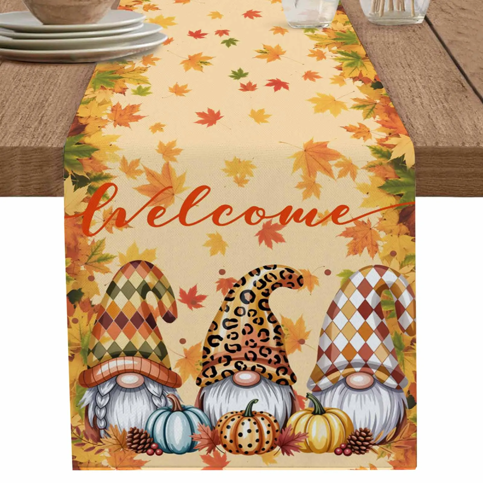 

Retro Autumn Thanksgiving Gnome Table Runner Party Polyester Table Cover for Home Dining Decoration