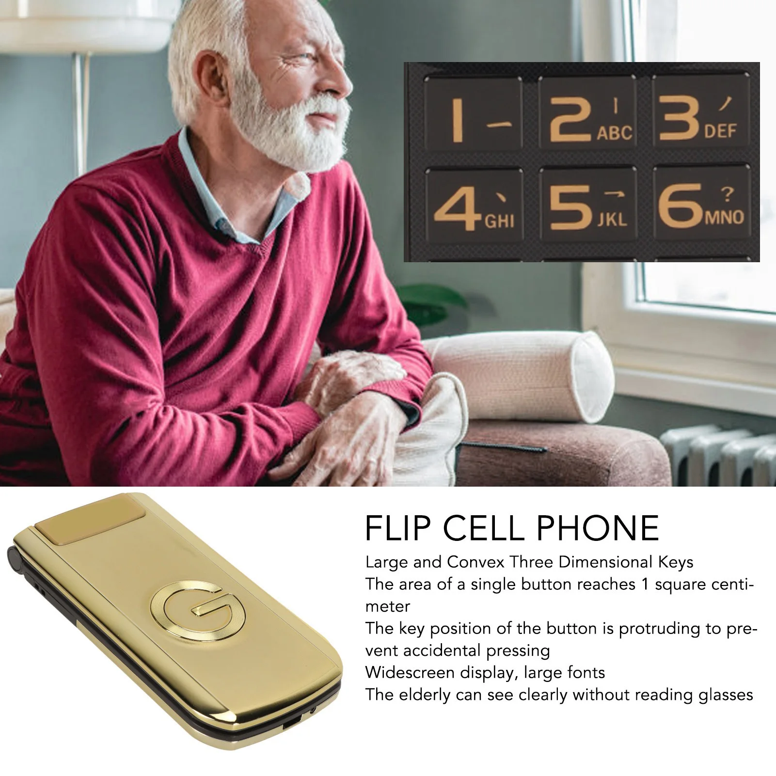 

Senior Phone Card Standby Cell Phone MP3 Music Playback Fast Gold 2.4in Screen for Daily Life