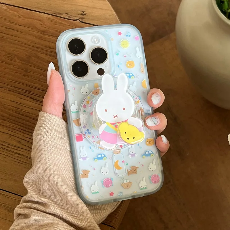 Custodia per telefono Miffy con supporto Kawaii Miffy Rabbit adatta per Iphone 15 Custodia per cellulare Cartoon Rabbit Staffa magnetica per rotazione