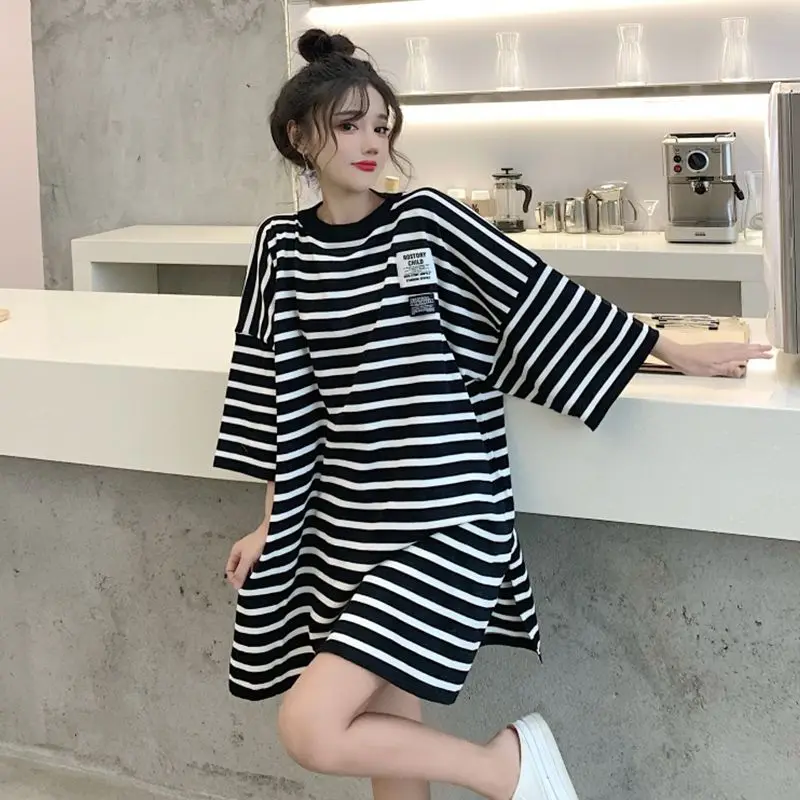 Striped Plus Size Casual SimplicityT Shirt Summer Fashion Korean Short Sleeve O-Neck Medium and Long T-shirt Skirts Streetwear