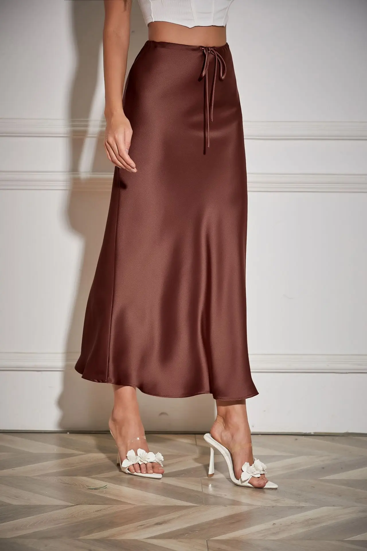 New In 2026 Women's Spring Summer Solid Color Satin Long Skirt High Waist Lace-up Trendy Elegant Faldas Female Beach Maxi Skirts