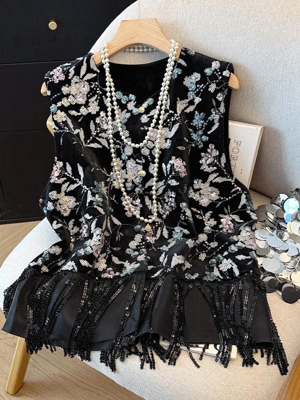 

Women's Early Autumn New Sle iny Sequin Vest Heavy Work Embroidery Multi-Layered Svel Top Chinese National Sle