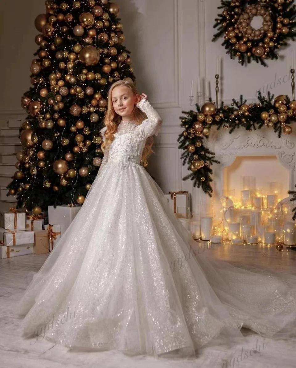 맞춤형 화려한 소녀 드레스 웨딩 2025 긴 소매 스팽글 장식 아동 생일 파티 첫 성찬식 가운