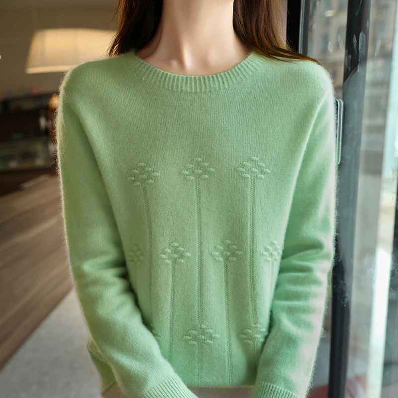 Women's Sweater Pullover Round Neck Long Sleeved 100% Pure Wool Jacquard Knitted Sweater 024 Autumn Winter New Warm Base Sweater