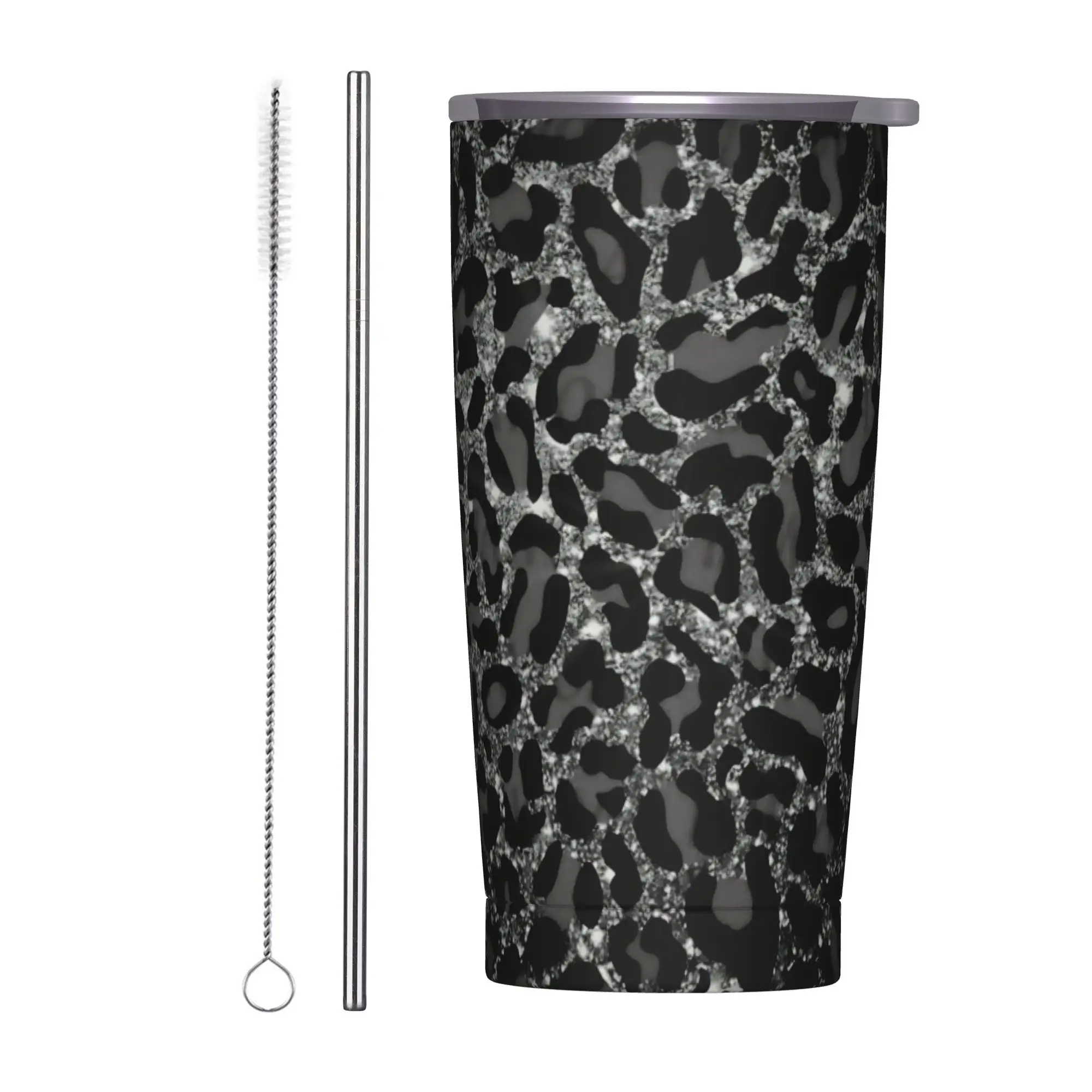 Glitter Leopard Faux Fur Insulated Tumbler with Straws Lid  Vacuum Thermal Mug Office Home Car Bottle Cups, 20oz
