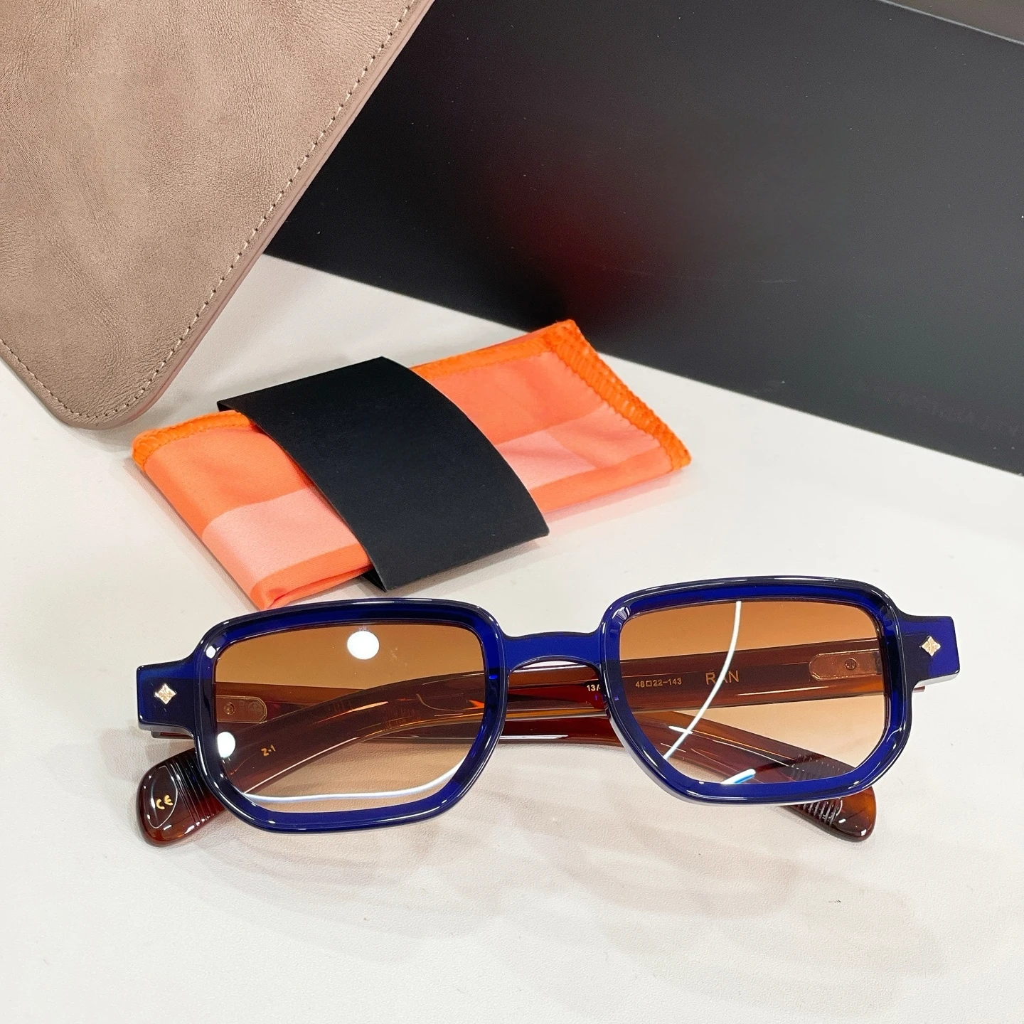 RAN Sunglasses Man,Unique Designer Rectangle Eyewear,Glossy Deep Blue Frame,Wood Texture Temples,UV400 Sun Shades