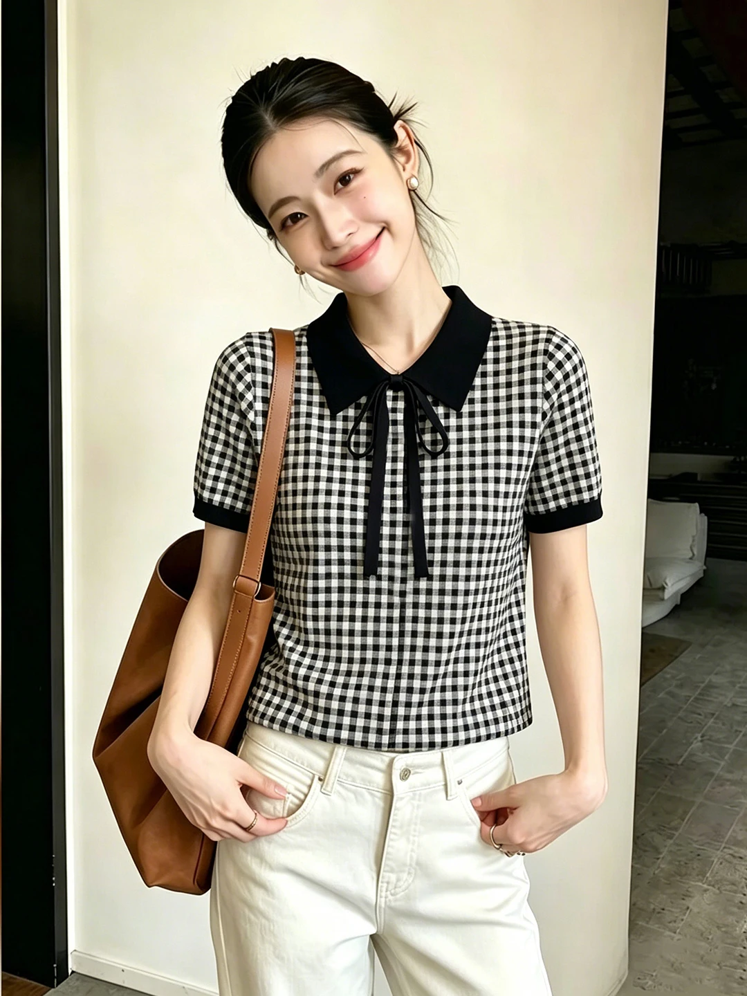

Fashionable Retro Plaid Neck Short Sleeve Top Summer Trend Knot Belt Versatile Elegance Small Shirt Korean Style