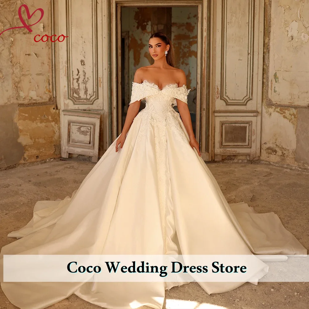 

Customized Elegant Wedding Dresses Off The Shoulder V Neck Applique Vestido Noiva Sweep Train A Line Glitter Bridal Gown for