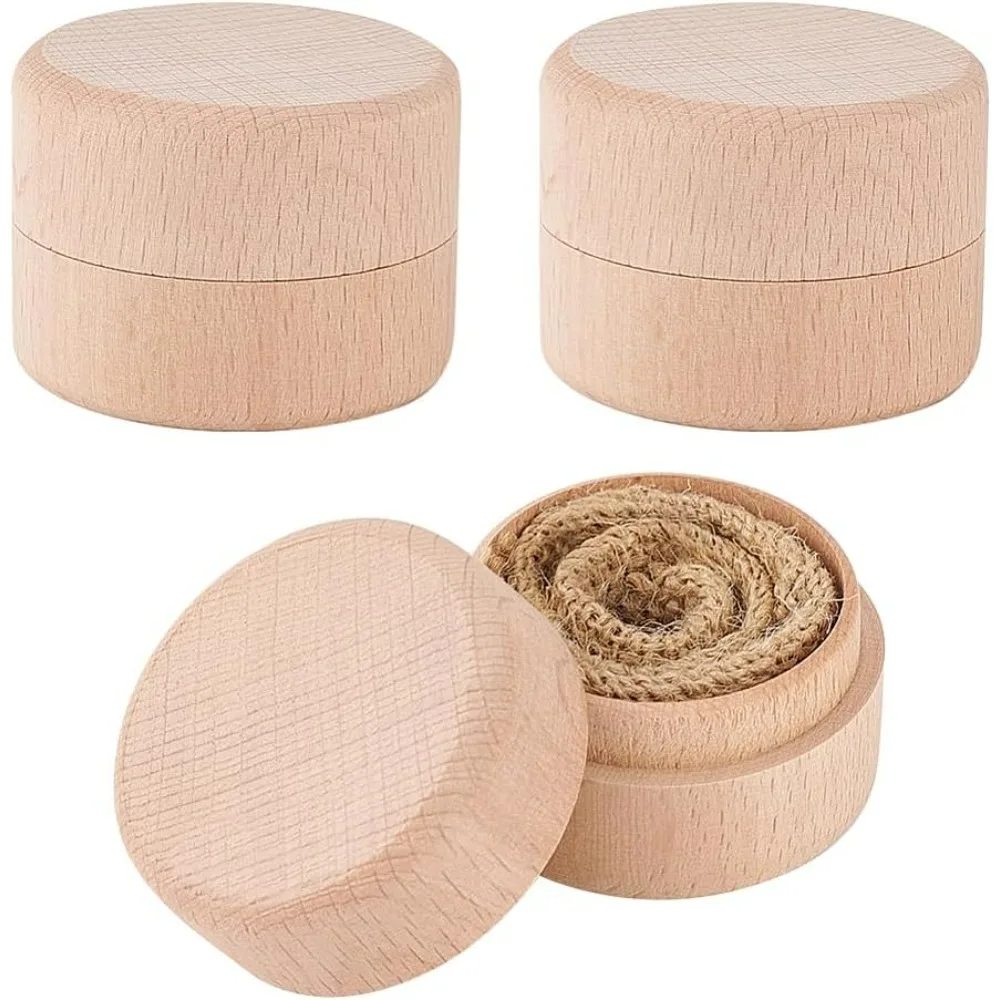 3 Pcs Mini Round Wooden Box 1.8x1.4 inch Small Wooden Ring Box with Linen Burlywood Ring Jewelry Earring Trinket Box DIY Wood