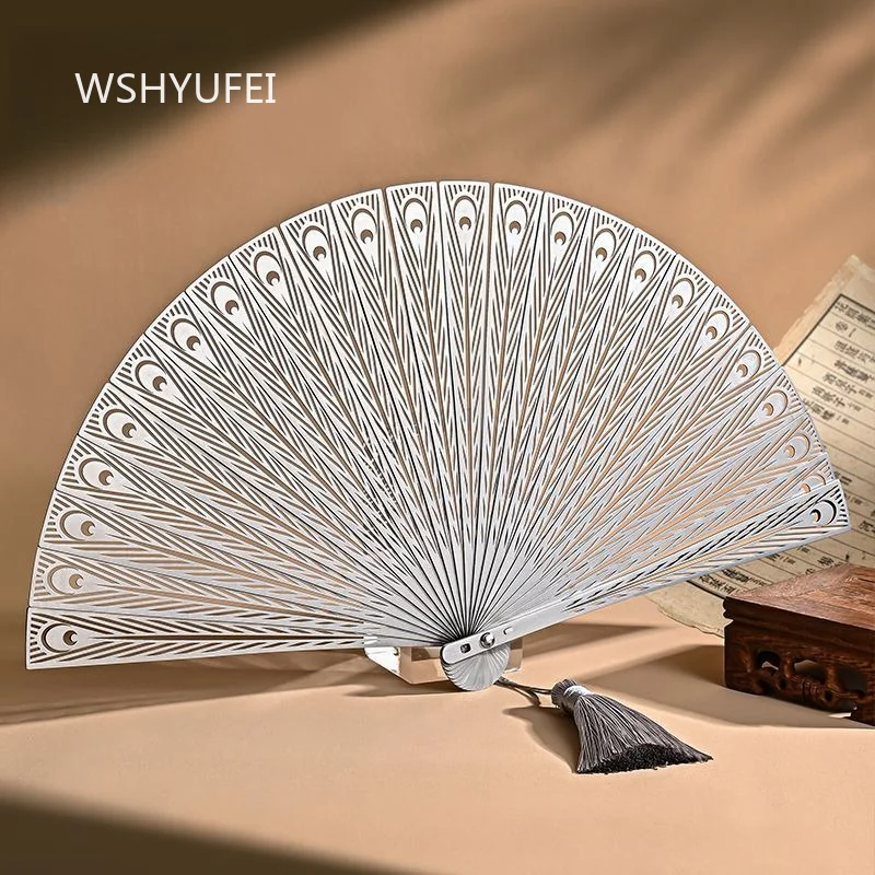 Peacock Feather Hollow Metal Folding Fan Silver Cutout Hand Fan With Tassel Oriental Craft Ornament Stage Cosplay Prop