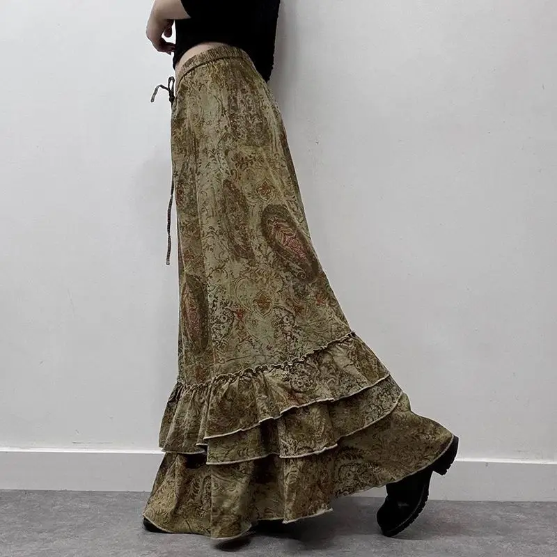 

Ezgaga Skirts Women Vintage Floral Printed Stretch High Waist Ruffles Patchwork Elegant Long Skirt Female Casual Temperament