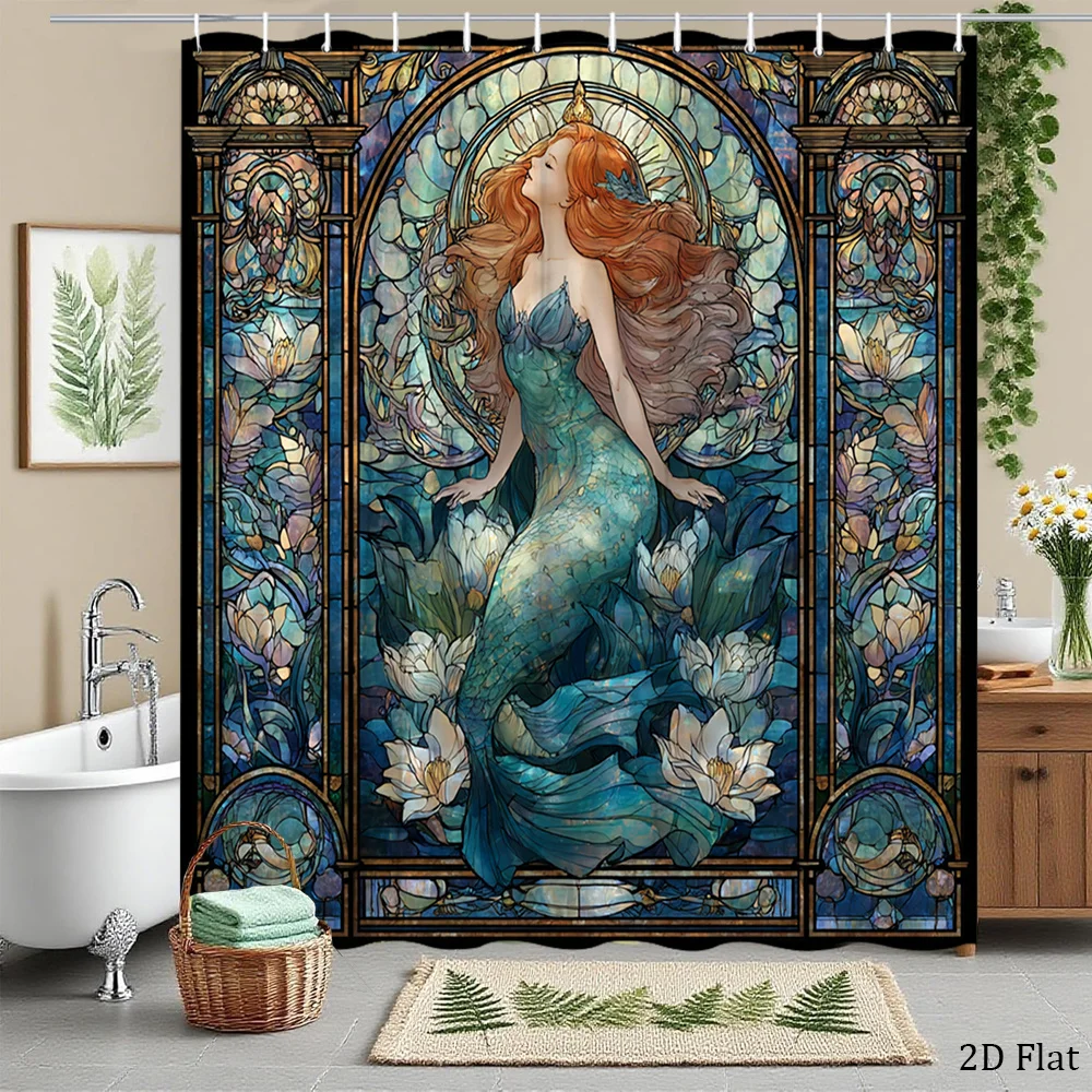2D Flat, 2D Flat, 1pc Mermaid Stained Glass Shower Curtain with Floral Design, Polyester Fabric Bath Divider Curtain 70.8X70.8 I