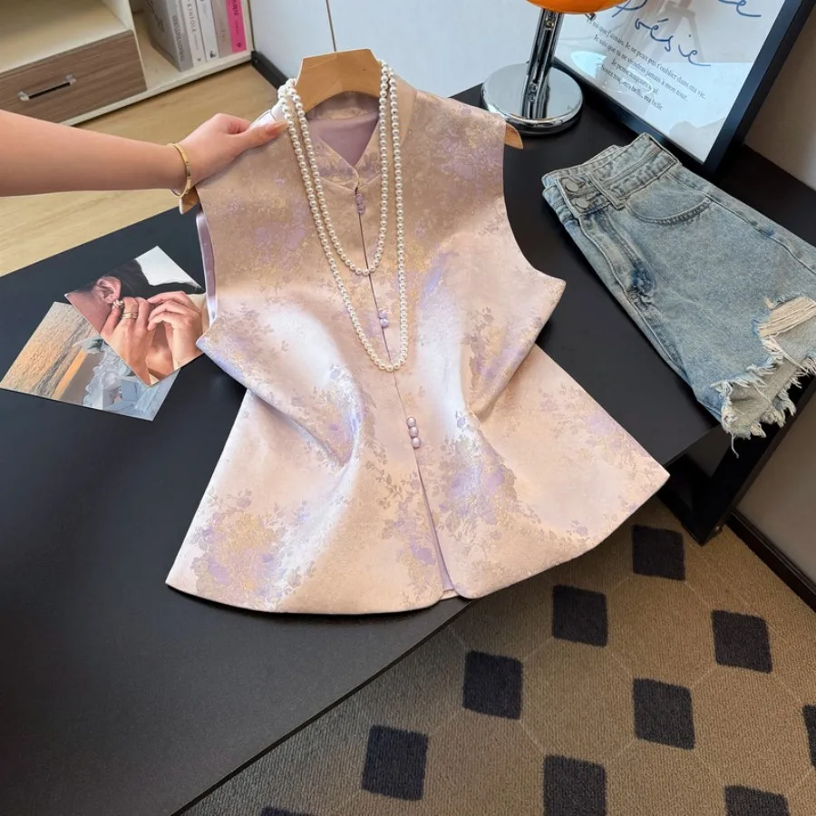 New Chinese Style Handmade Embroidered Satin Jacket Top with Button Collar High End Floral Pattern Women's Vest Outerwear