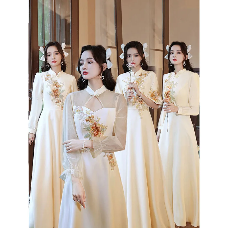 

Traditional Chinese Dress Champagne Bridesmaid Long Vestidos Elegant Temperament Standing Neck Cheongsam Birthday Party Gown