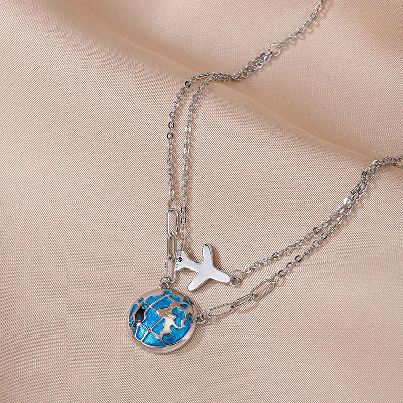 Fashion Double Chain Globe Airplane Pendant Necklace New Trendy Popular Jewelry Travel Accessories Gifts For Friend Classmates