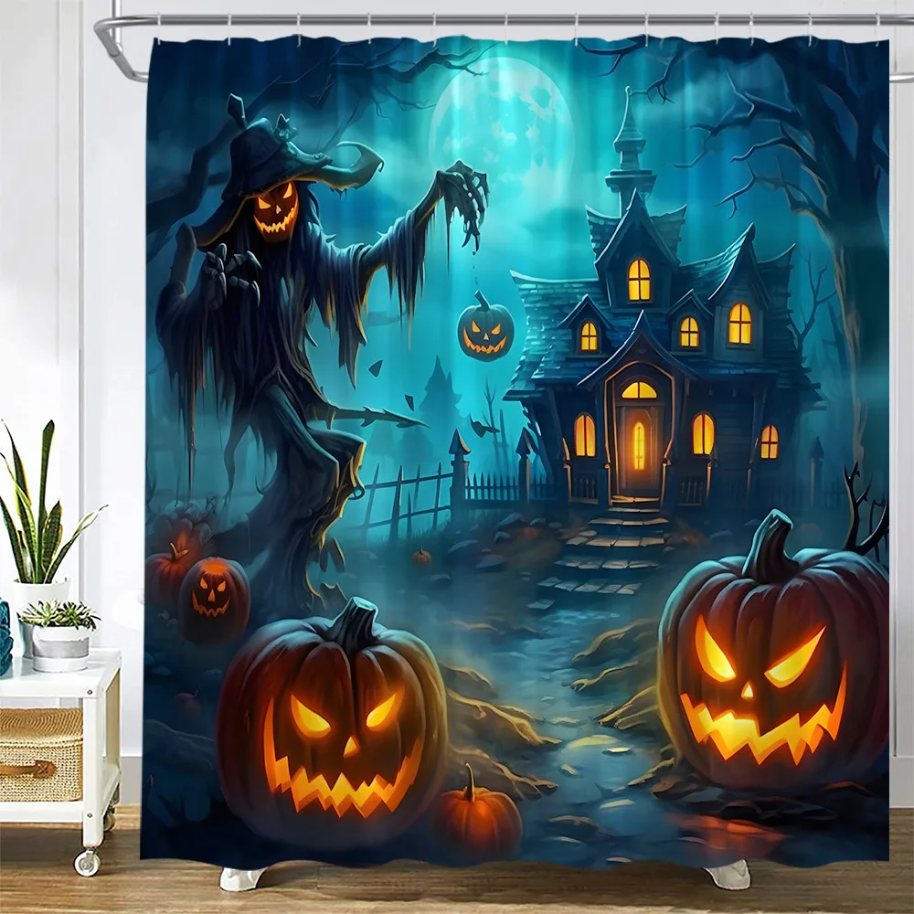 Horror Halloween Shower Curtains Funny Pumpkin Castle Forest Night Scenery Polyester Cloth Bathroom Curtain Decor Set with Hooks