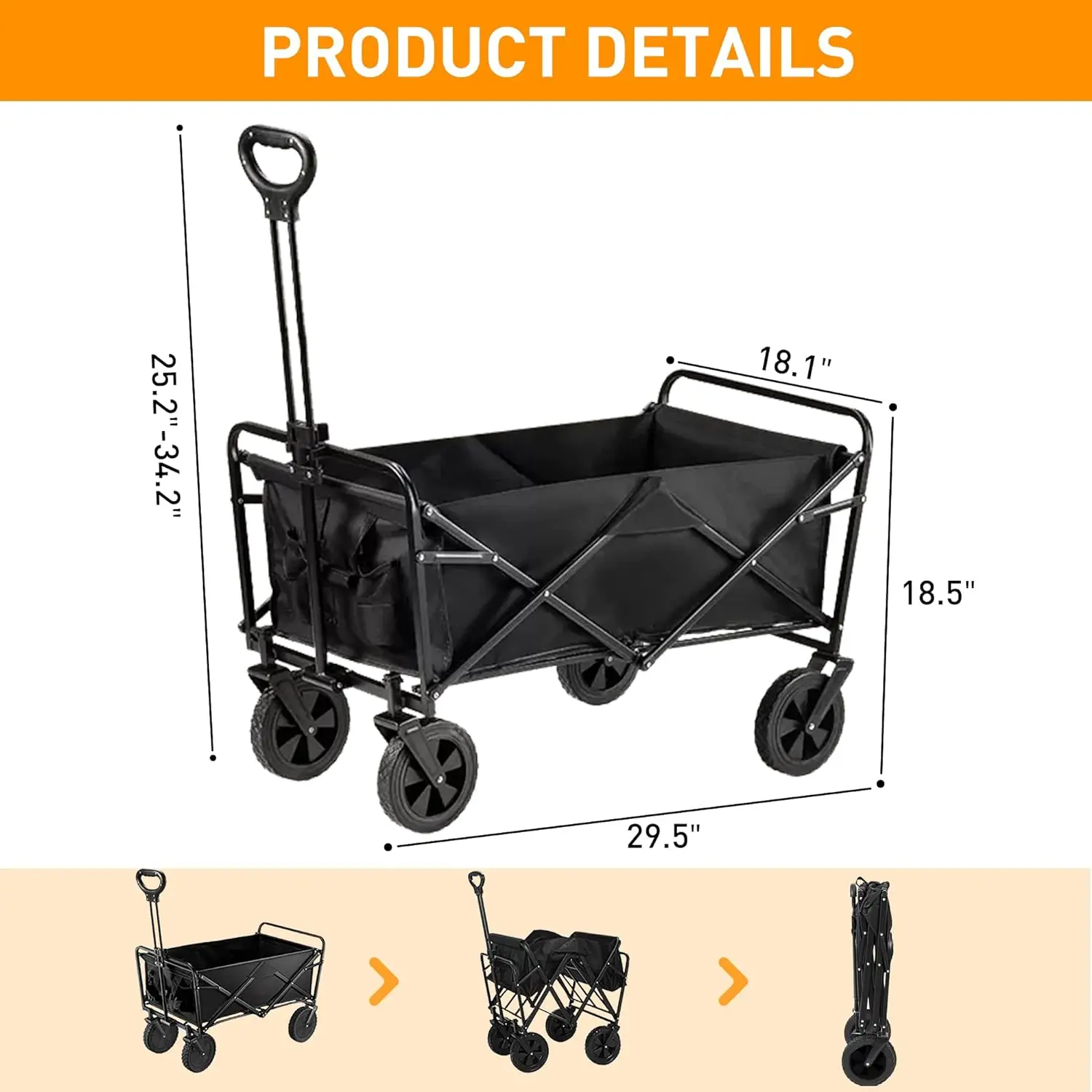 Collapsible Foldable Wagon, Heavy Duty Beach Cart, Folding Wagon Portable, Black Large Capacity Utility Wagon, Garden Cart with