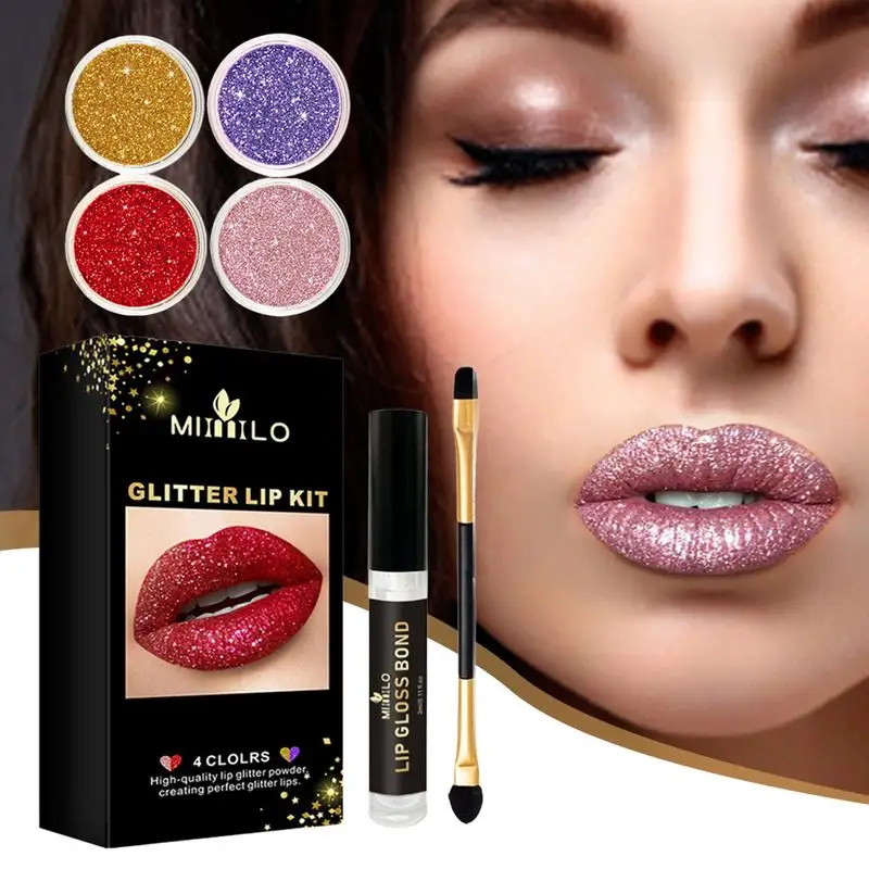 4 Colors Stay Golden Cosmetics Glitter Lip Kit Glitter Powder Diamond Shimmer Long Lasting Waterproof Makeup Lips Gloss Lipstick