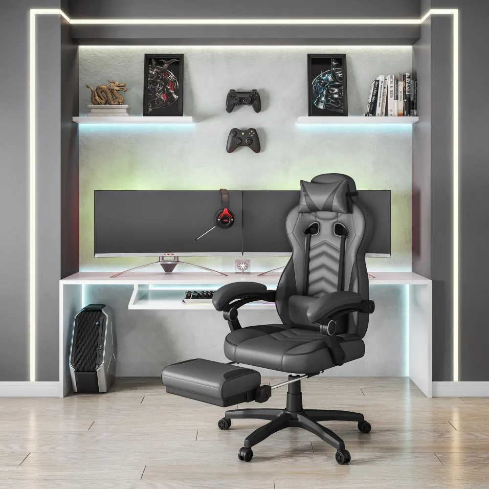 Racing Style Fully Reclining Executive Gaming Office Chair Footrest 135 Degree Recline Lumbar Headrest Pillow Black Grey FYOC