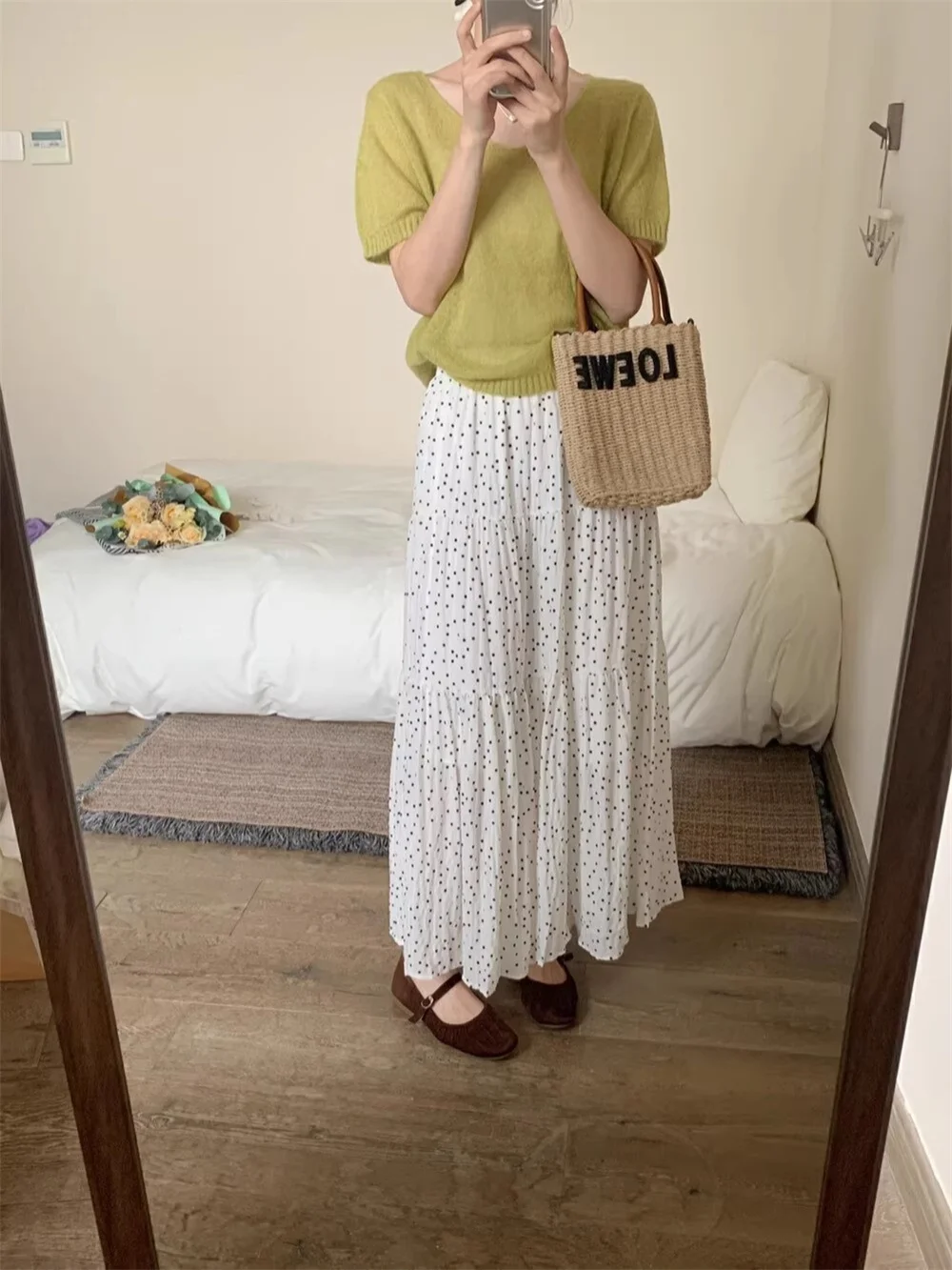 French Elegance Midi Polka Dot Skirt Summer Korean Style High Waist Slimming Drape Splice Cake Skirt Women'S Fresh Sweet Style