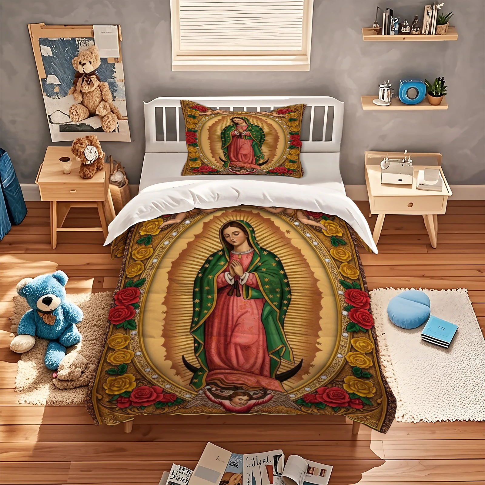 Our Lady of Guadalupe Duvet Cover Set Vintage Virgin Mary Angel Rose Print Bedding Set Soft Microfiber Quilt Cover For Bedroom