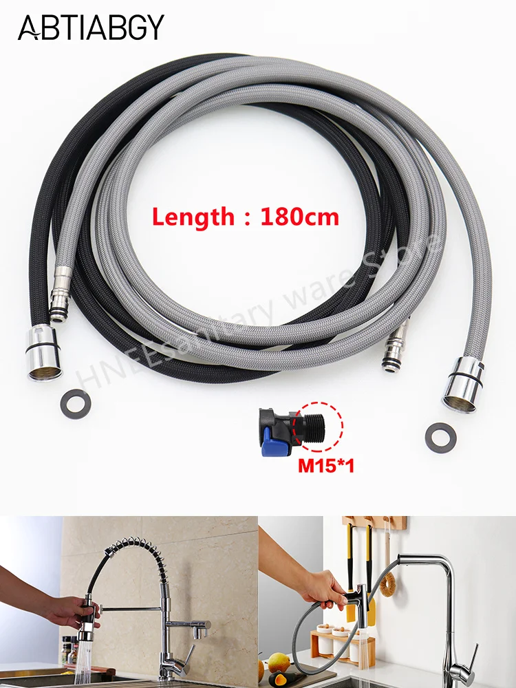 150cm/180cm/300cm F1/2 M15*1 Replacement Kitchen Faucet Hose Quick Connect Pull Out Hose Nylon Hose Tube Gray Black