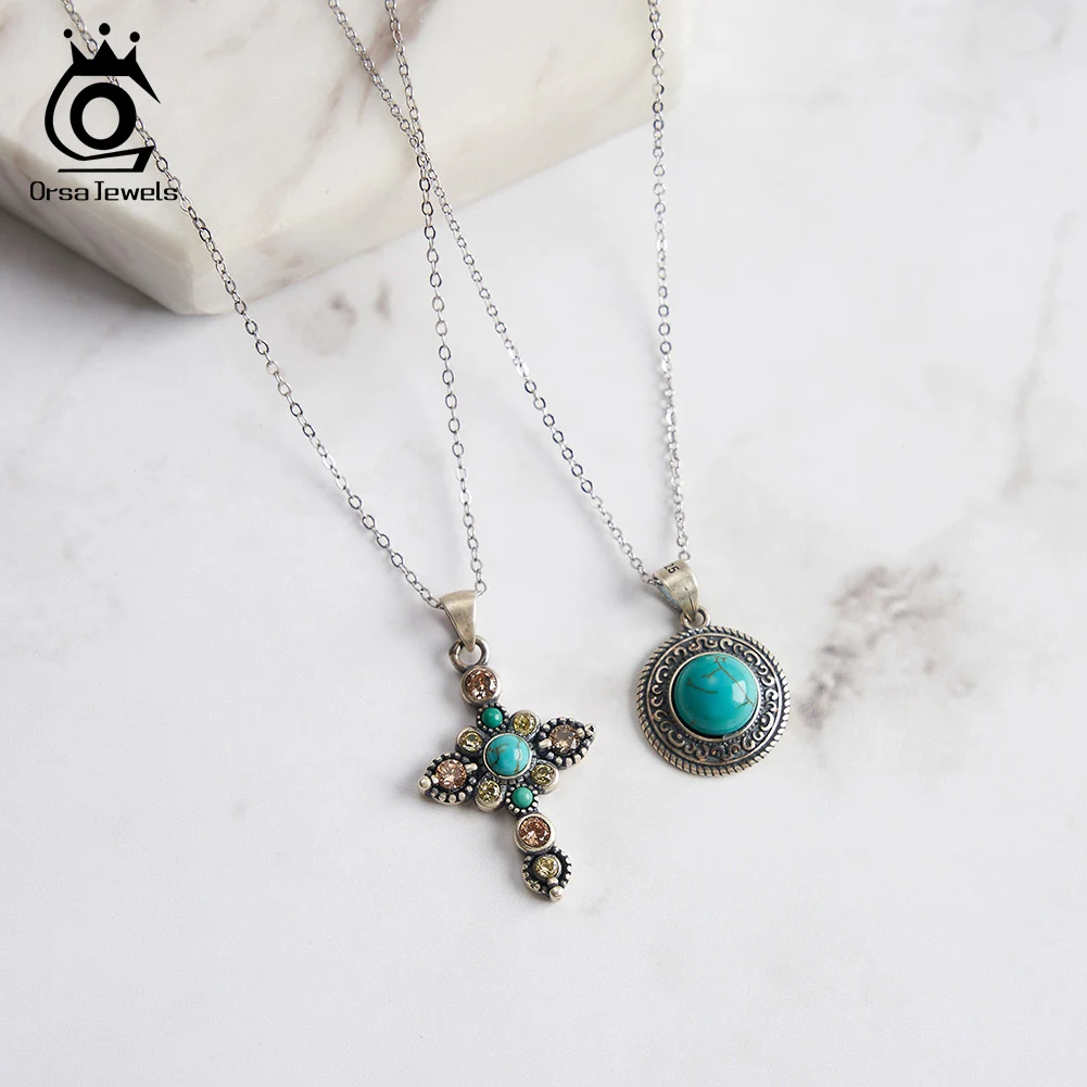 ORSA JEWELS Brilliant Zirconia Pendant Necklace with Oxide Silver Turquoise for Women Turquoise Pendant Choker Jewelry SGMN44