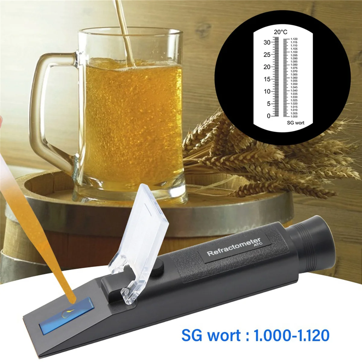 

A06K Refractometer Beer Brix Wort Sugar Alcohol Meter 0-30%1.000-1.120 SG Specific Gravity Handheld Tool Hydrometer Tester