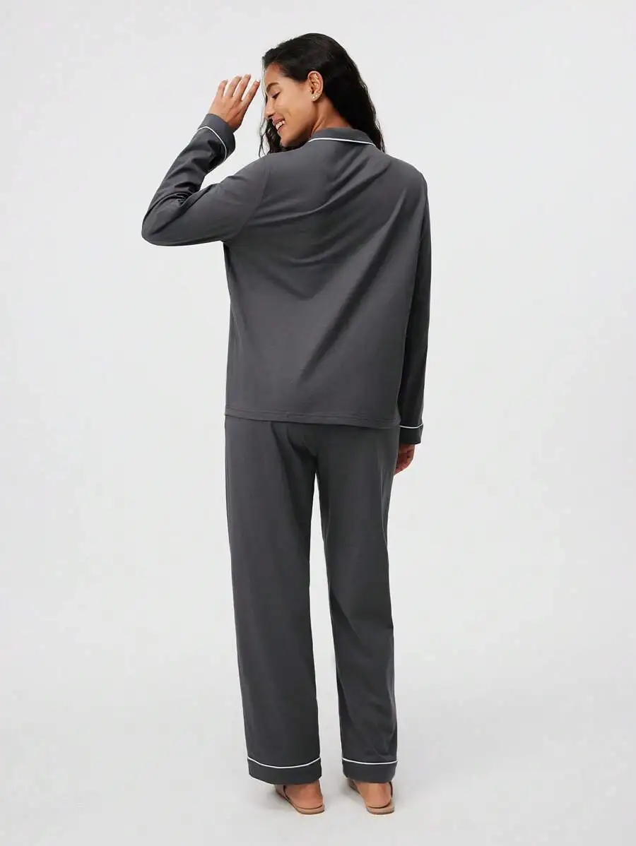 

Womens Soft 100% Cotton Long Sleeve Shawl Collar Pajama Set With Pockets