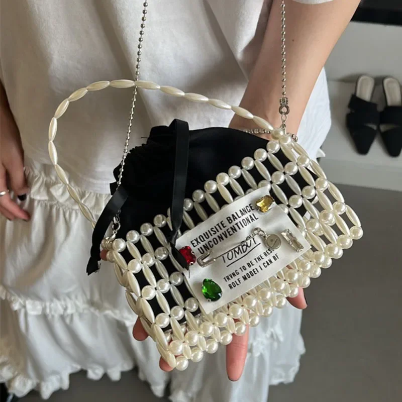 

Vintage INS Texture Chain Crossbody Bags for Woman 2024 New Fashion Pearl Beaded Sticker Diamond Handbag Mini Phone Women's Bag