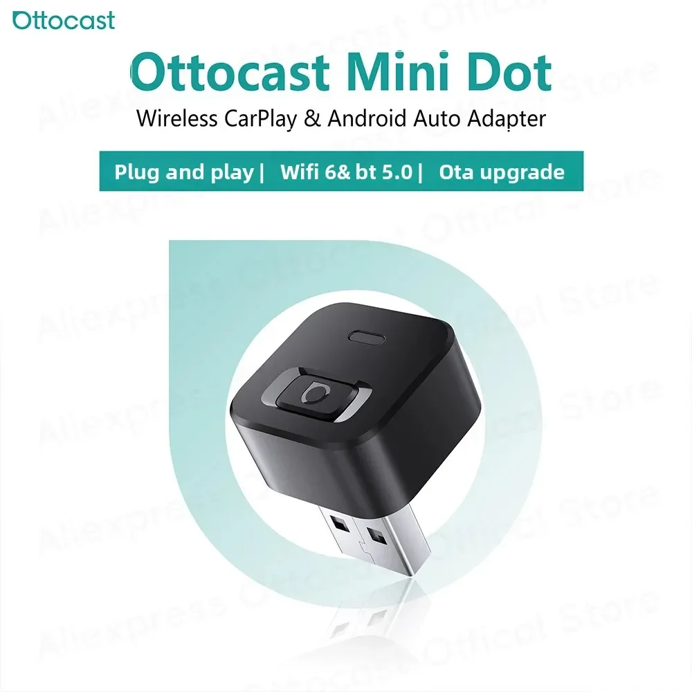 OTTOCAST Mini Dot Cube Wireless CarPlay Android Auto Adattatore 2 in 1 USB AI Accessori Auto per Totoya VW Benz Chevrolet Hyundai