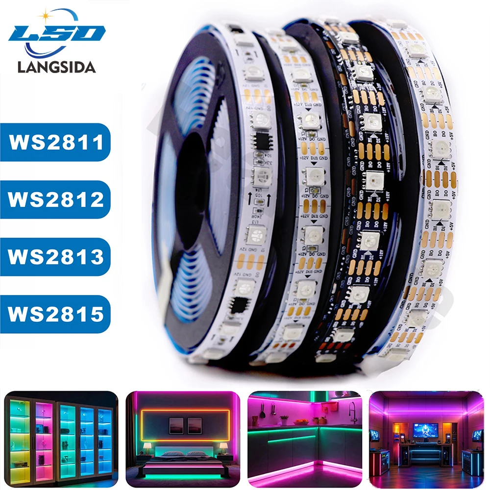 

Светодиодная лента RGB DC5V/12V WS2811 WS2812 WS2813 WS2815 с индивидуальной адресацией, 30, 60, 96, 144 светодиода, белая/черная печатная плата