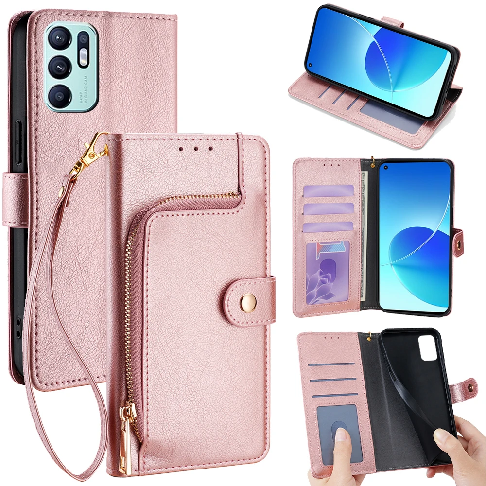 

GEFENIS Fashion Ladies Zipper Wallet Cover For OPPO Reno 6 5 Pro Plus Lite 6Z 5Z Z 5F 4F 5K 5 Lite Metal Buckle Leather Flip Cas