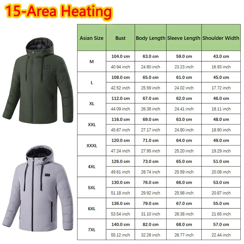 15 Area Heated Winter Hooded Jacket Men Warm Heated Jacket Women Outdoor Sport Thermal Hooded Coat (Not Included The Power Bank) view 4