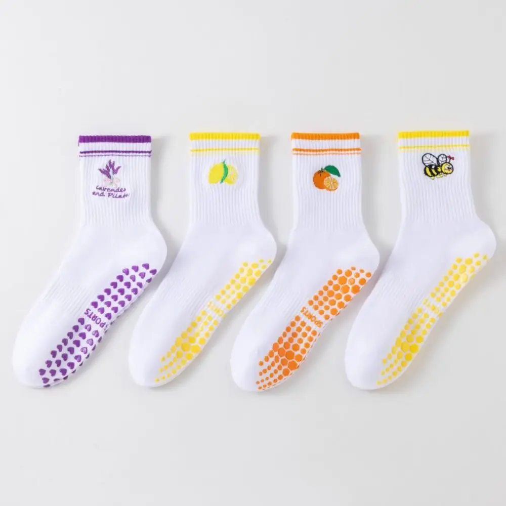 

New Cotton Pilates Socks Breathable Harajuku Street Cherry Embroidery Socks Casual Non-Slip Grip Mid Tube Socks